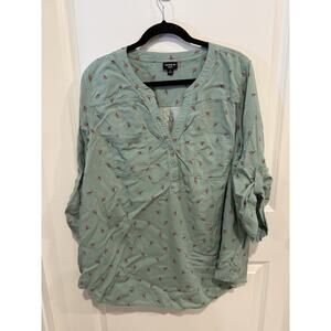Torrid Harper Challis Tunic Blouse Green Floral Roll Tab Sleeve Top Sz 3 20/24